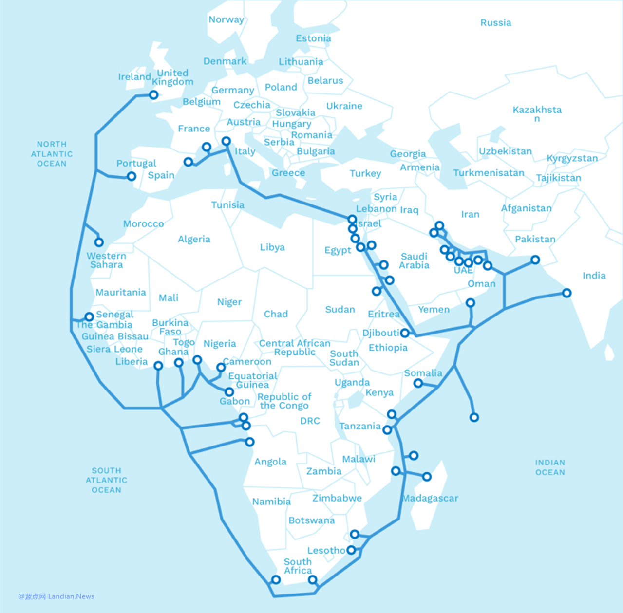 英国接入环非洲海底光缆2Africa 连接非洲/中东/地中海和南亚