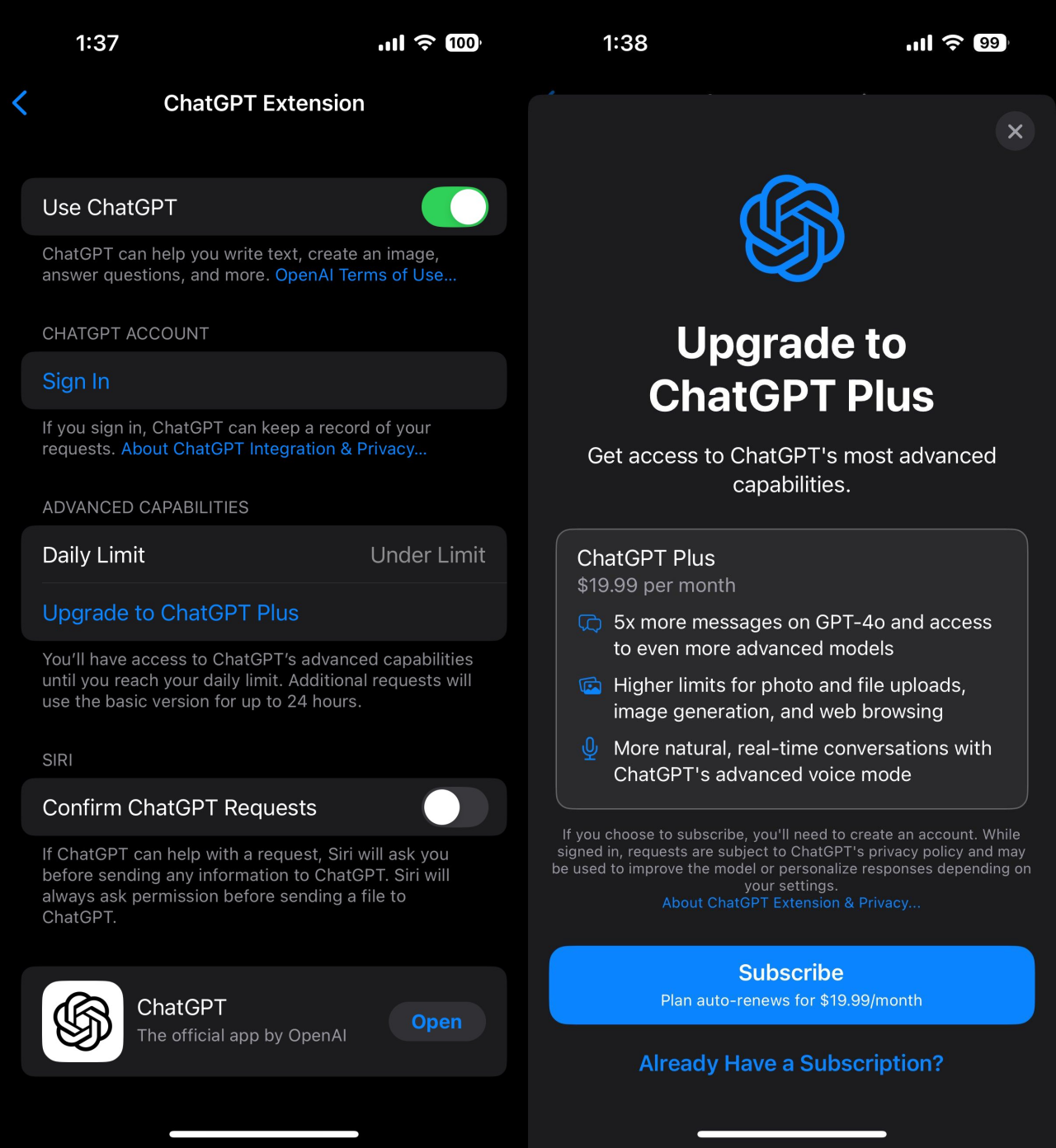 苹果在iOS 18.2中新增ChatGPT限额查看 引导用户开通ChatGPT Plus订阅