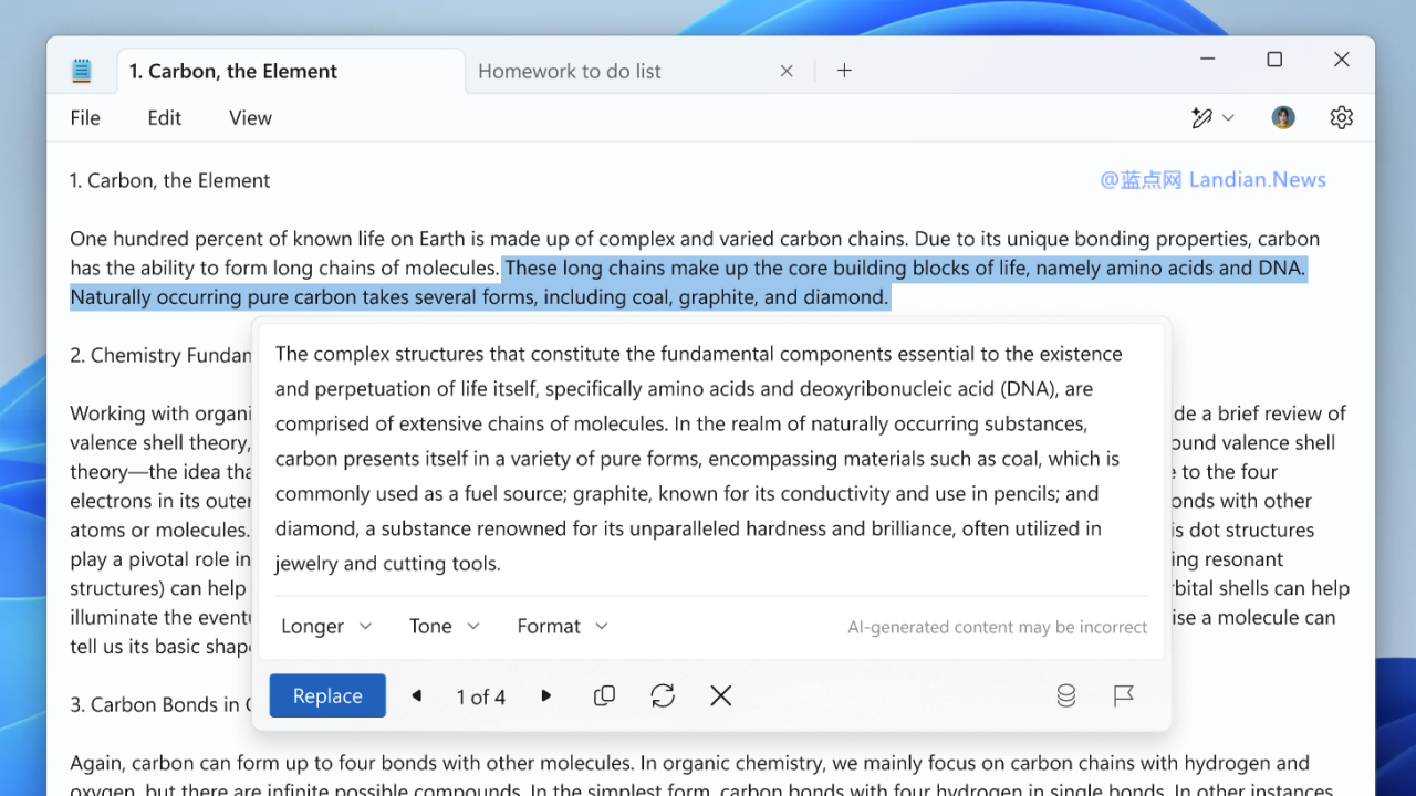 微软更新Windows 11记事本应用添加AI功能 可以修改措辞/语气/长度