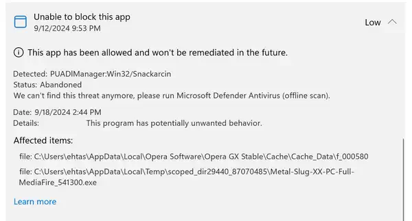 5、Windows Defender：检测到威胁