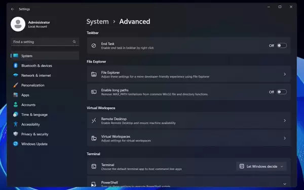 Windows 11 新增带高级选项的 “设置” 页面