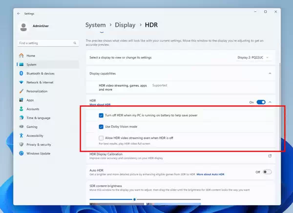 新的 HDR 管理设置以红色框突出显示