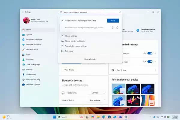 Windows 11 中带有 AI 代理的更新设置应用程序