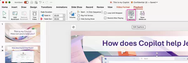 PowerPoint for Mac 中 “播放” 功能区选项卡上的 “编辑字幕” 按钮
