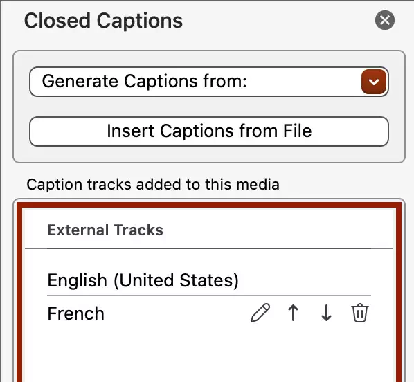 显示轨道列表的 Closed Captions 窗格