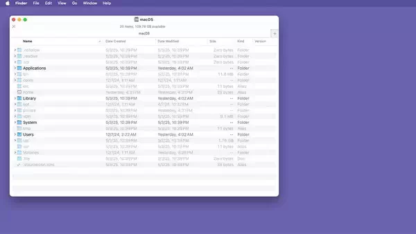 显示隐藏文件的 macOS 启动磁盘的根级别