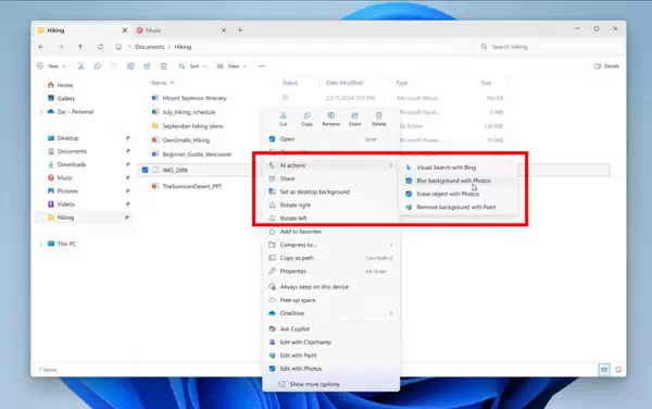 Windows 11 文件资源管理器中的 AI 操作