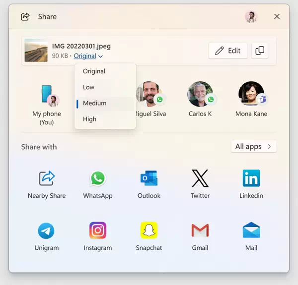 Windows 11 中改进的 Windows Share UI