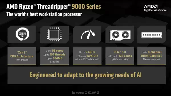 AMD Threadripper 9000 配备多达 96 个 Zen 5 核心