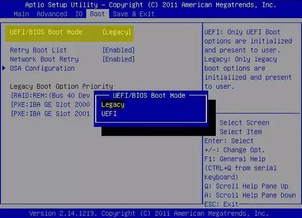 禁用安全启动并启用 UEFI 模式