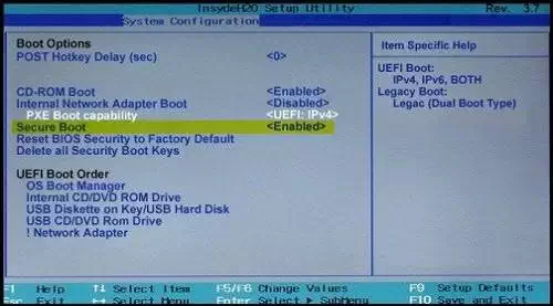 禁用安全启动并启用 UEFI 模式