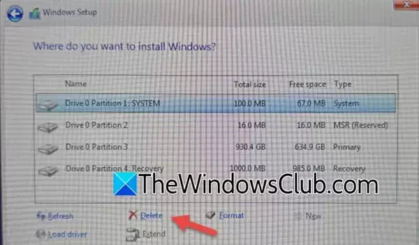 删除现有分区并重新安装 Windows
