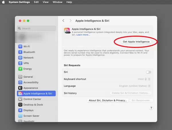在系统设置应用程序中安装 Apple Intelligence
