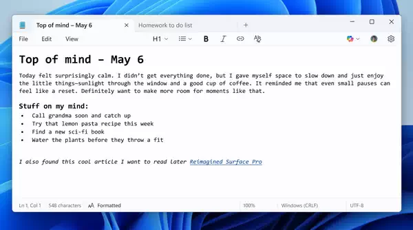 微软更新了 Windows 11 内测版的记事本：支持格式化文本