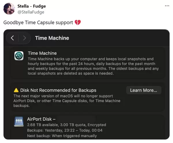 macOS 27 的 Time Machine 终止对 Time Capsule 的支持